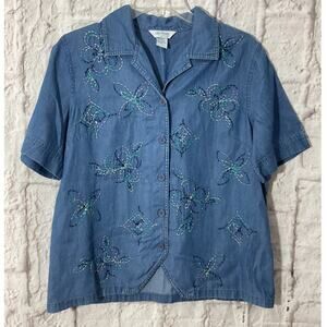 Vintage City Blues Koret Shirt 10 Floral Embroidered Button Down Denim Y2K